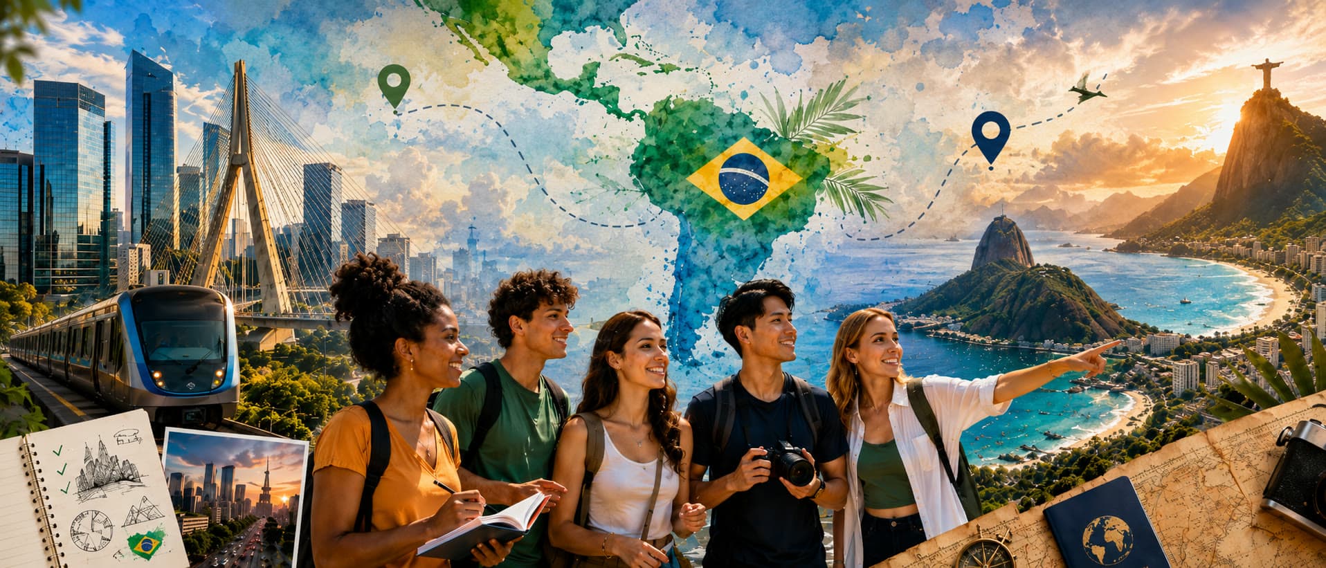 Collage of São Paulo and Rio de Janeiro landmarks with MDC students exploring Brazil